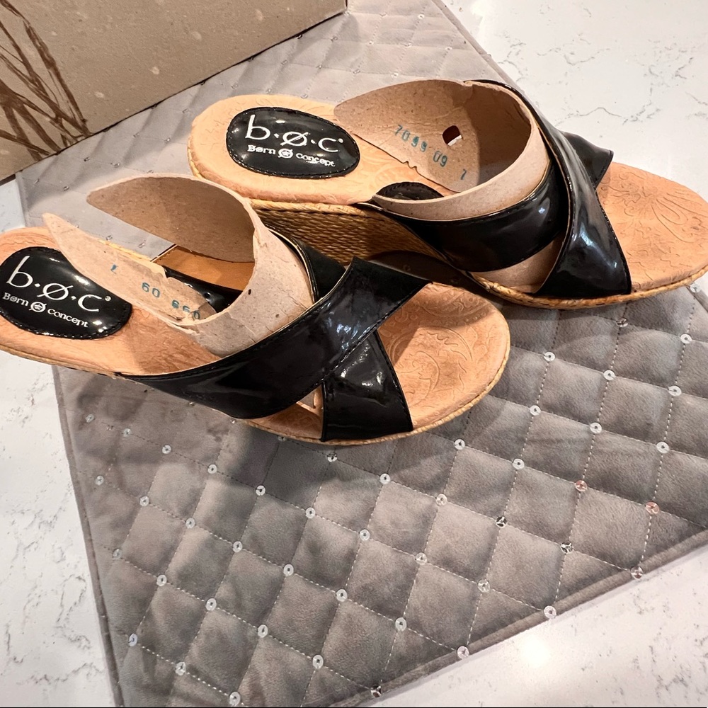BORN concepts - black patent leather wedges - size 7 - brand new in box!